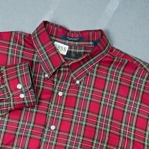 Allen Edmonds Men's 2XL‎ Red Green TartanPlaid Button Up Dress Shirt Long Sleeve
